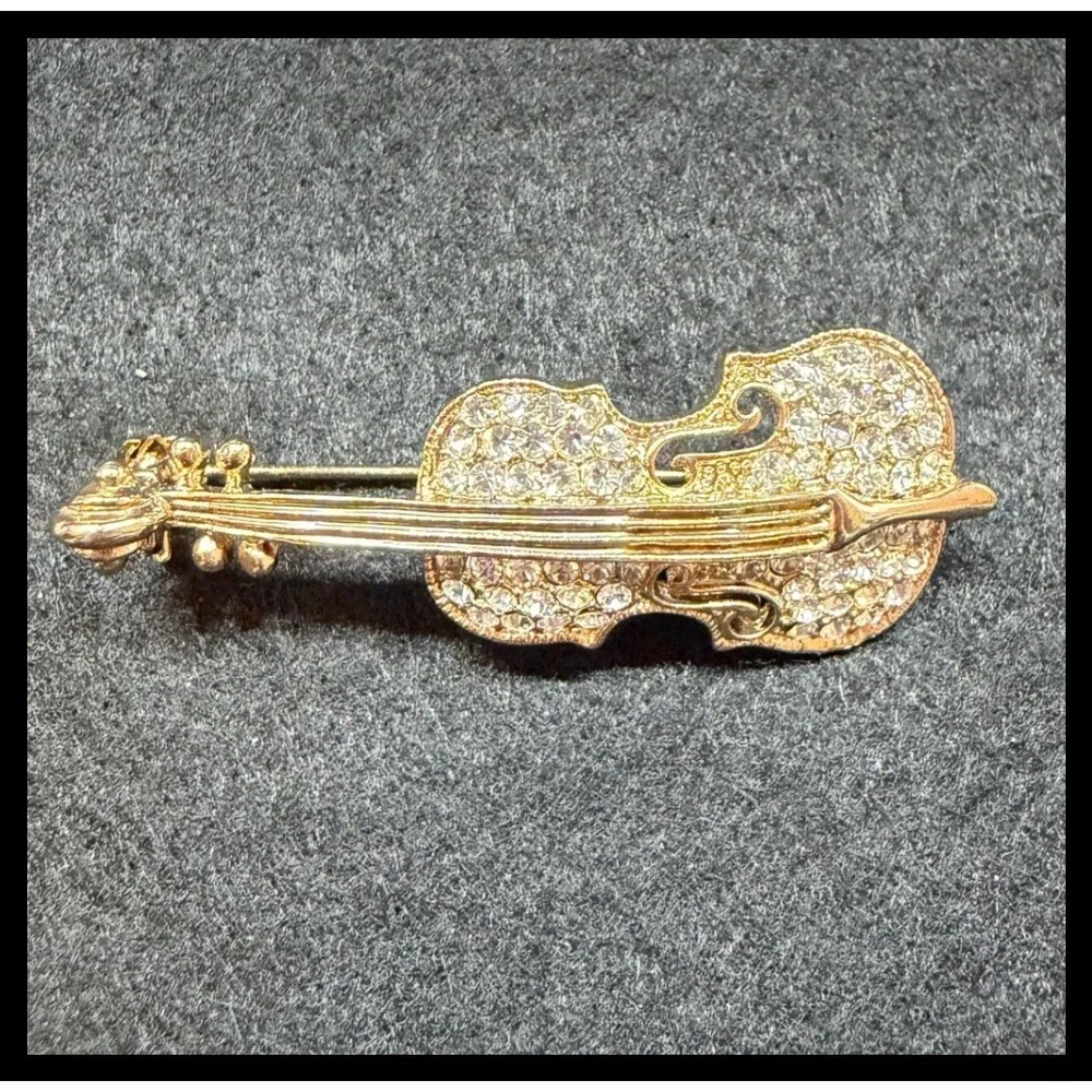 Violin Brooch Pin Small Gold Rhinestone Musical Instrument Jewelry